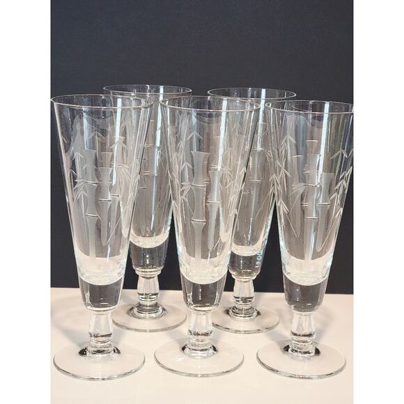 VTG Etched Bamboo Cut Crystal Glasses Set of 5 Tall‎ Pilsners Retro MCM Barware - Picture 1 of 12